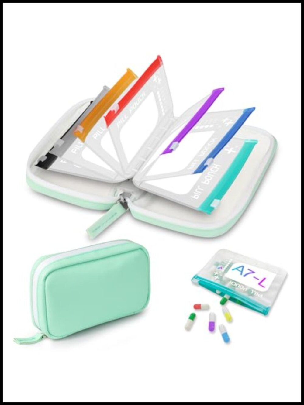 A7 Waterproof Pill Organizer with 7 L Zippered Pouches BPA-Free Weekly Medicine